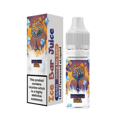 Ice Bar Juice Monster Bull e-liquid bottle and packaging on a white background