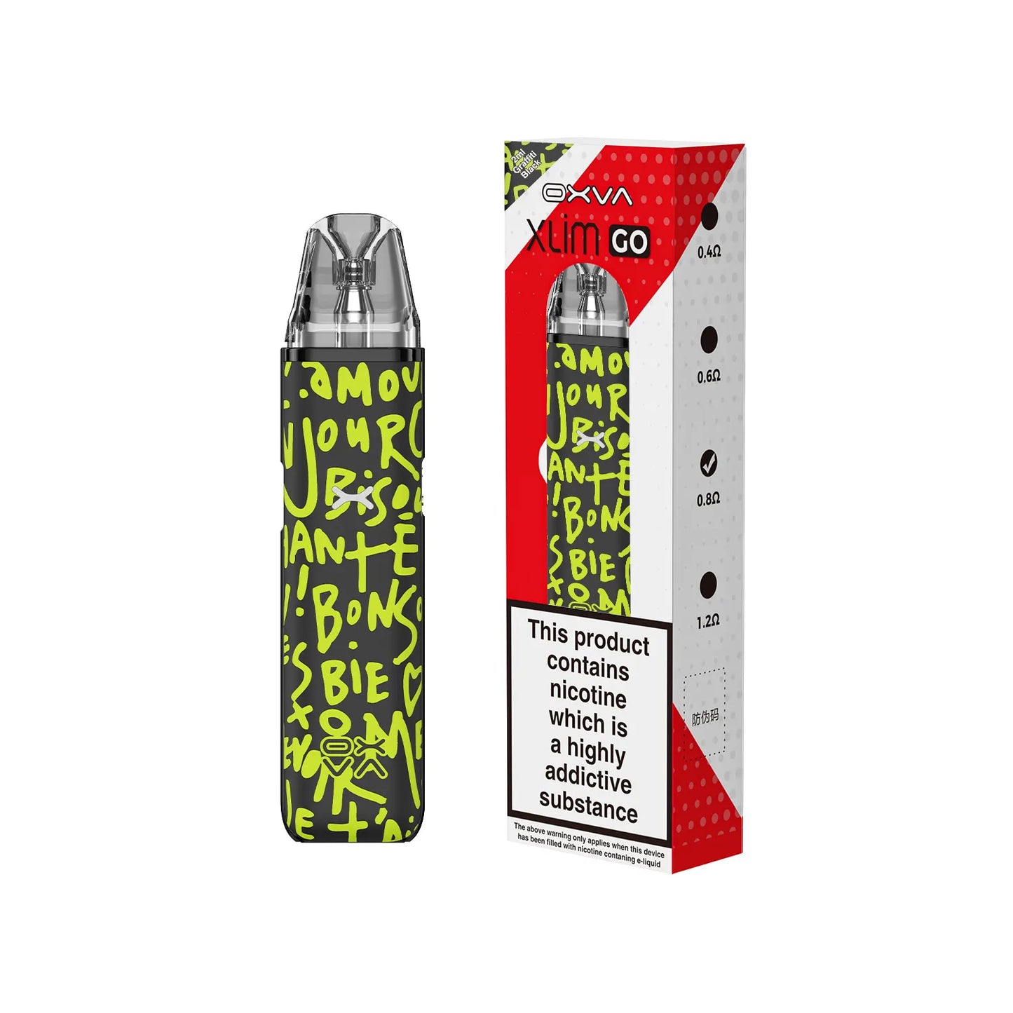 OXVA Xlim go vape device with graffiti-style text and packaging on a white background