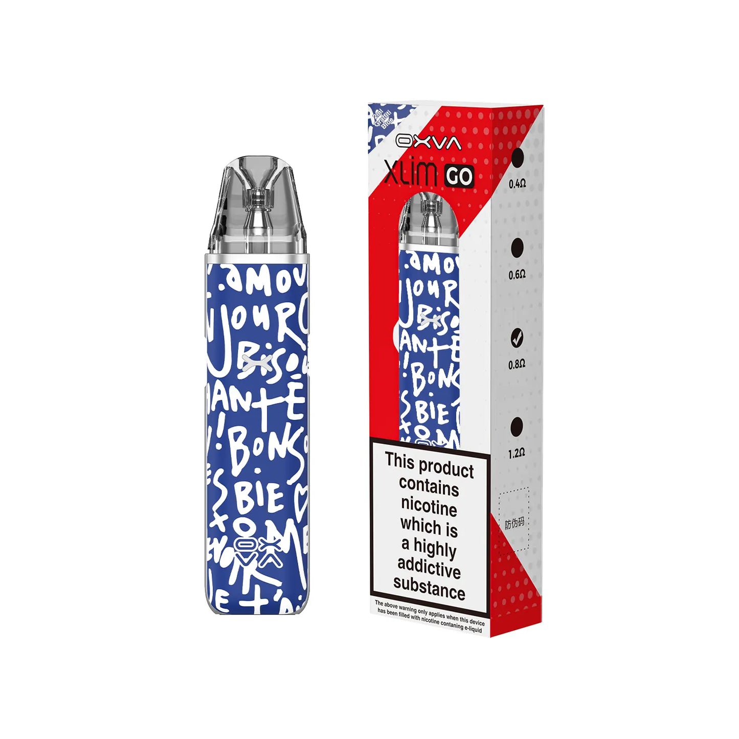OXVA Xlim go vape device with blue and white design and packaging on a white background