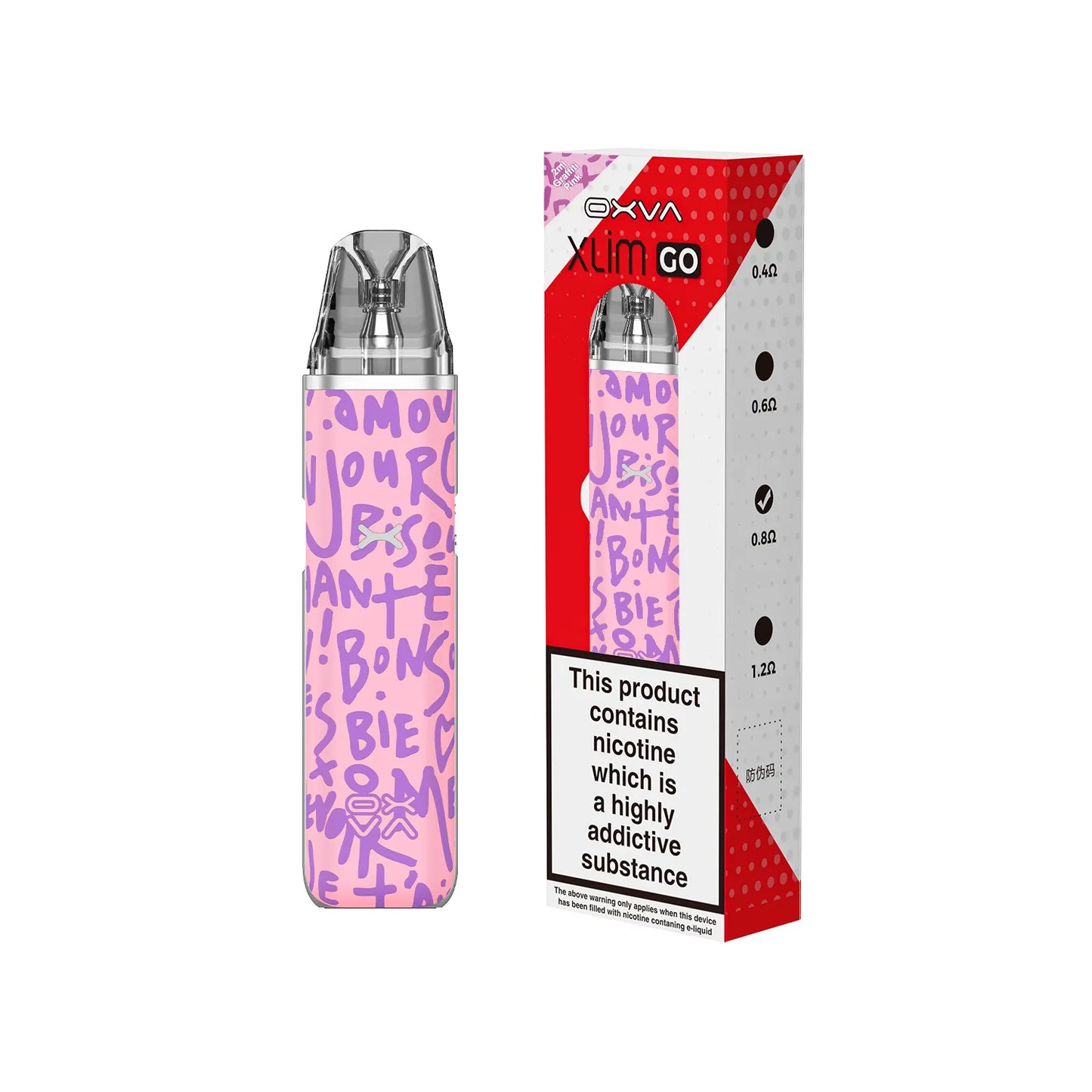 OXVA Xlim go vape device with pink graffiti-style text and packaging on a white background
