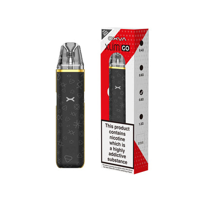 OXVA Xlim go Black vape device with red and white packaging on a white background