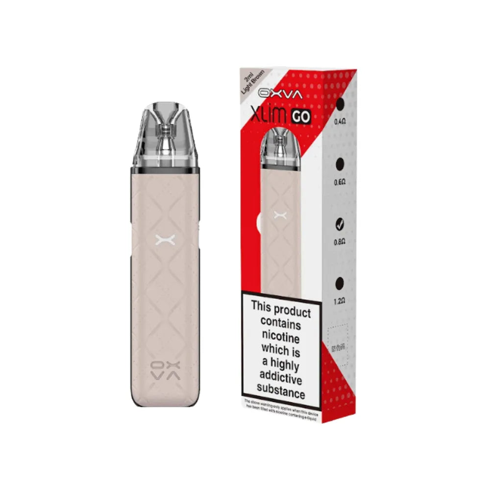 OXVA Xlim go light brown vape device and packaging on a white background