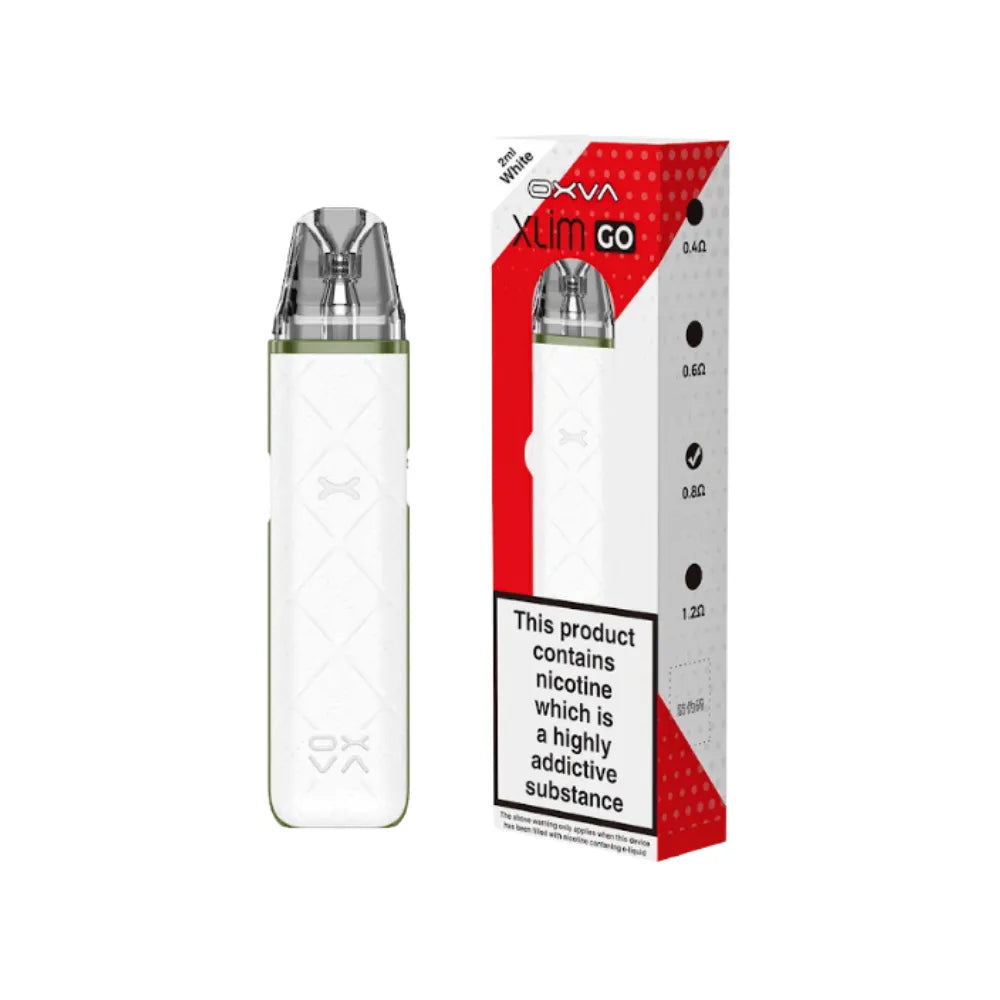 White vape device with red and black oxva xlim go packaging on a white background