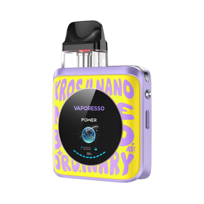 Vaporesso vaping device with yellow and purple design on a white background