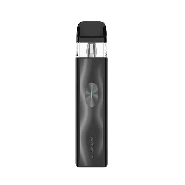 Black vape device with 'Vaporesso' branding on a white background