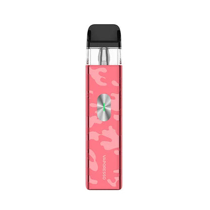 Pink camouflage vape device with a black top on a white background