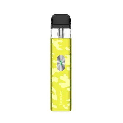 Yellow camouflage-patterned vape device on a white background