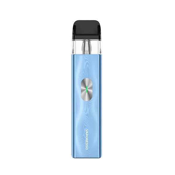 Blue vape device with black top on a white background