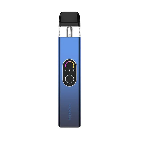 Blue vape device with visible branding on a white background