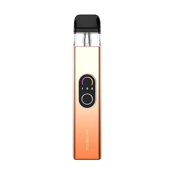 Vape device with a rose gold body and black top on a white background