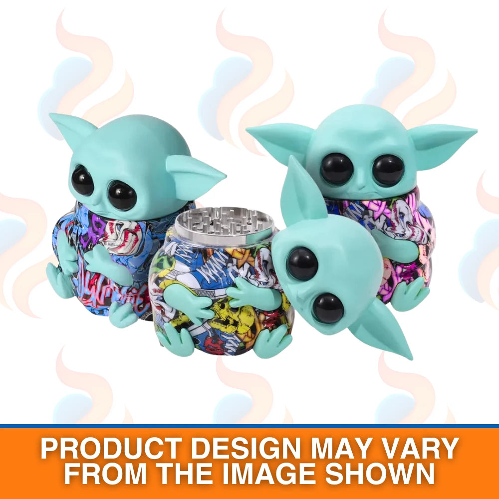 Three colourful Yoda-inspired grinders on a white background