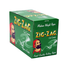Box of Zig-Zag rolling papers with green and red design on a white background