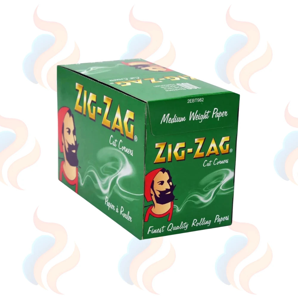 Zig-Zag Green Rolling Papers – Cut Corner Papers (100 Packs) on a white background