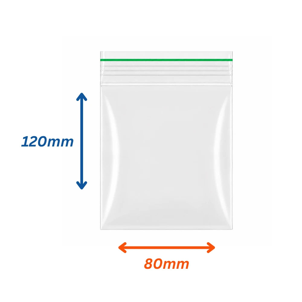 Transparent zippy seal bags in 120mm x 80mm size with measurements on a white background.