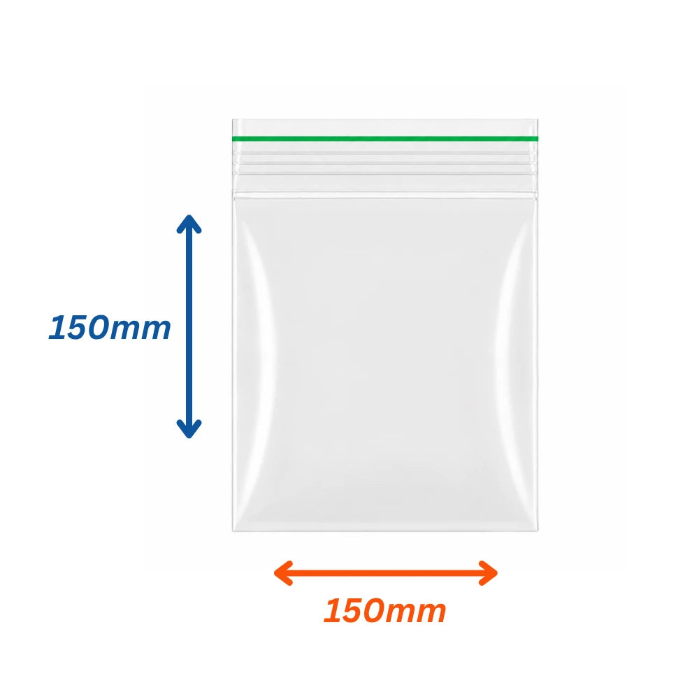 Transparent zippy seal bags in 150mm x 150mm size with measurements on a white background.