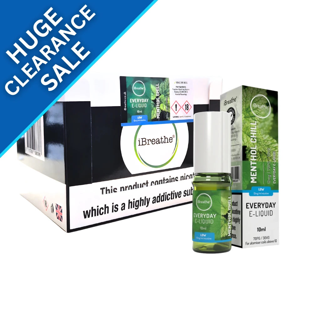 E-liquid products with 'Huge Clearance Sale' text on a white background