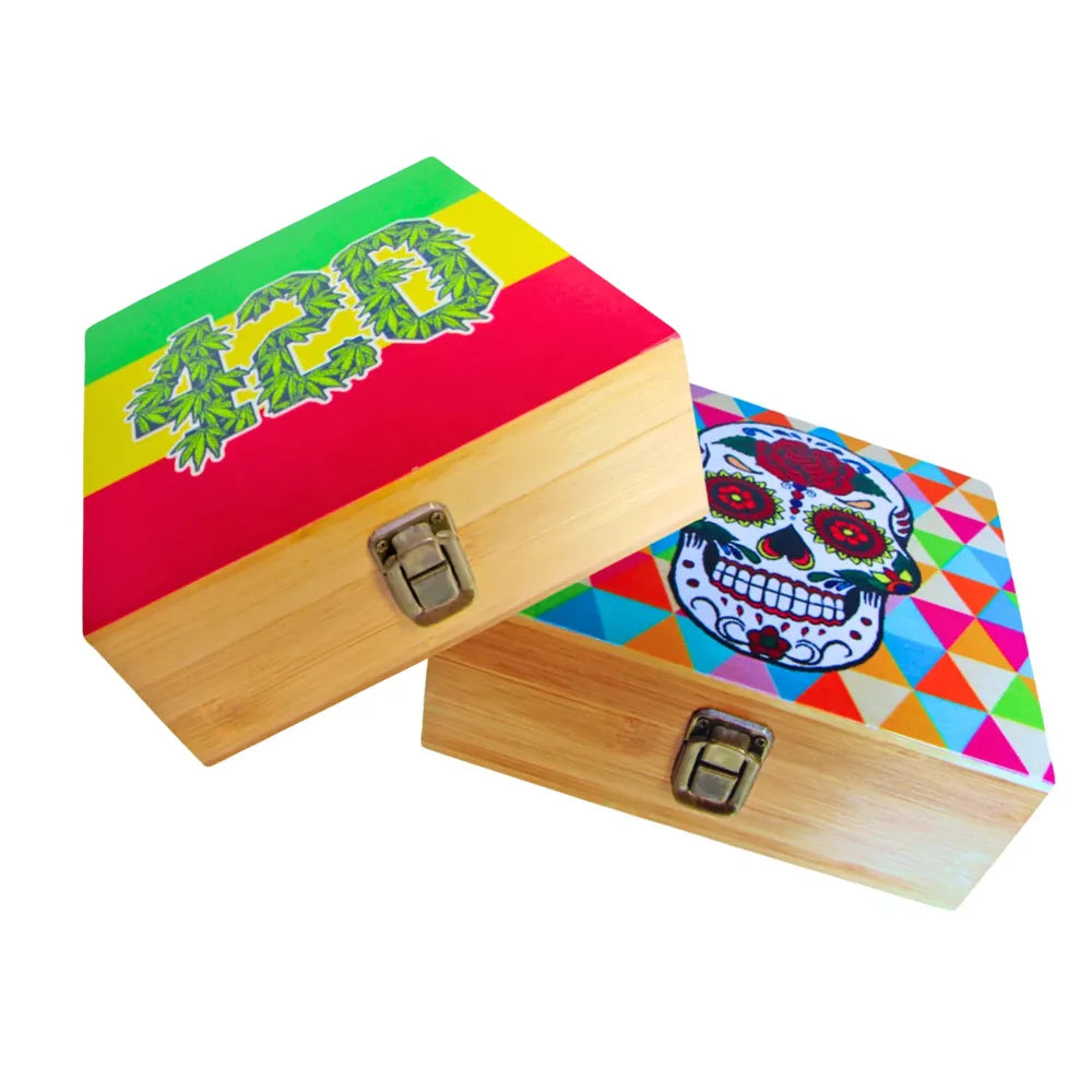Wooden box with colourful lid featuring a skull design on a white background