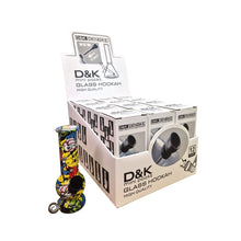 D&K mini pocket glass hookah packaging with a colourful glass hookah in front.