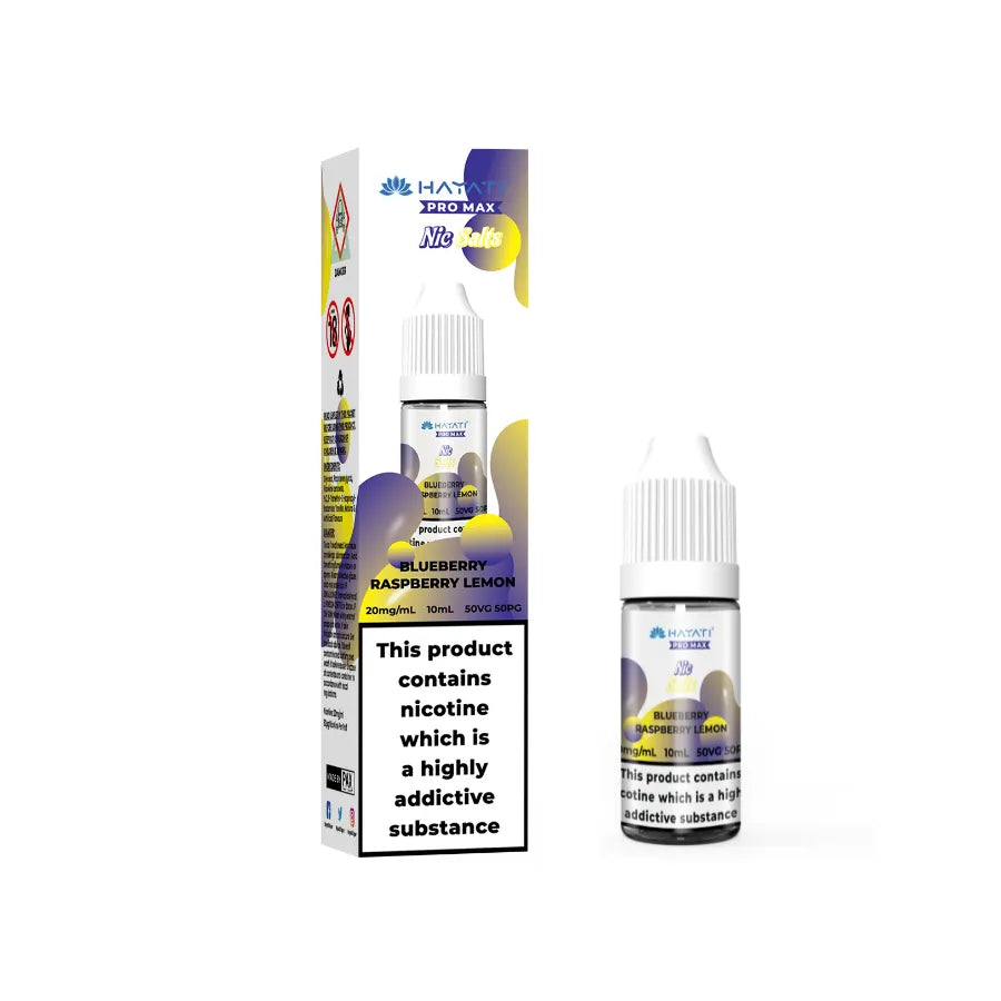Hayati Pro Max Salts Blueberry raspberry lemon Vape juice bottle and packaging with nicotine warning label on a white background