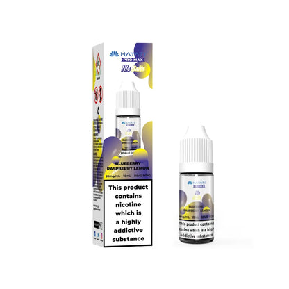 Hayati Pro Max Salts Blueberry raspberry lemon Vape juice bottle and packaging with nicotine warning label on a white background