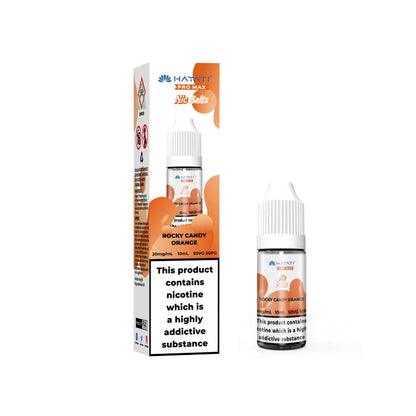 Hayati Pro Max Salts bottles of Rocky Candy Orange nicotine product with packaging on a white background