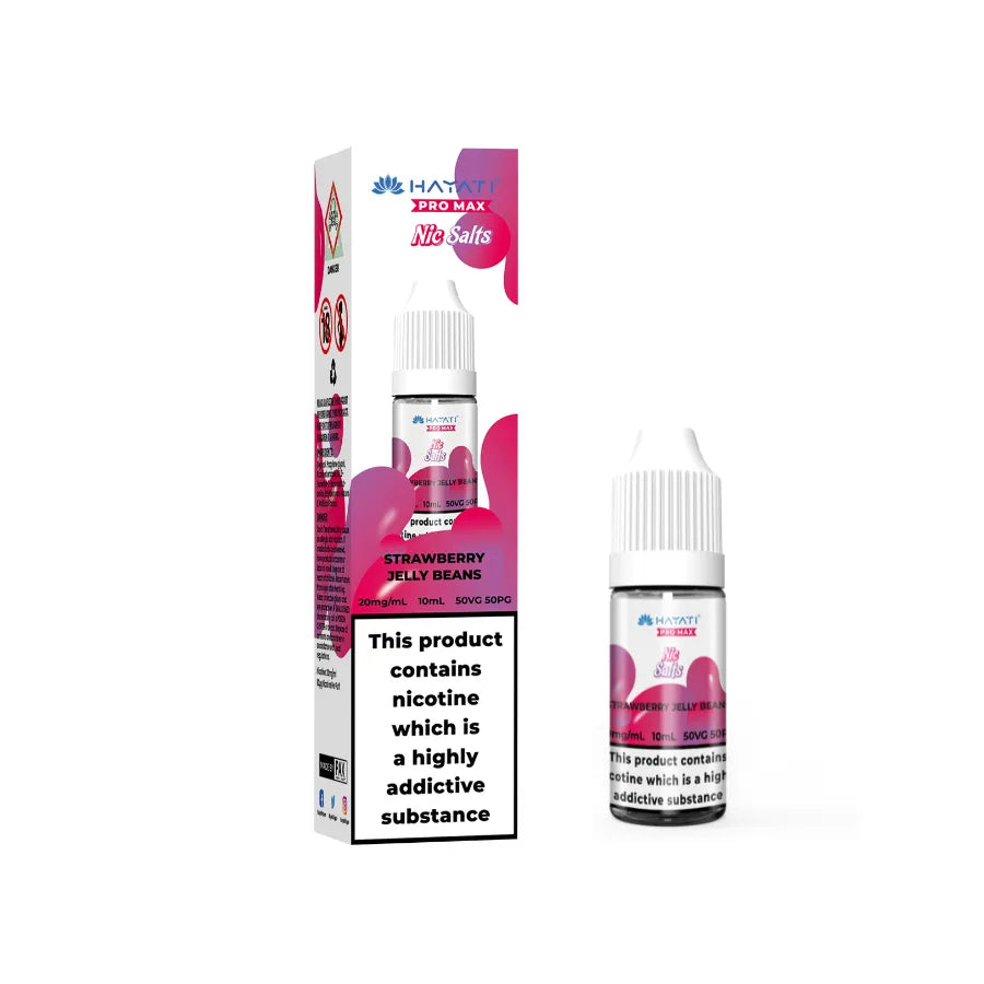 Hayati Pro Max Salts Vape juice packaging with strawberry jelly beans flavor on a white background