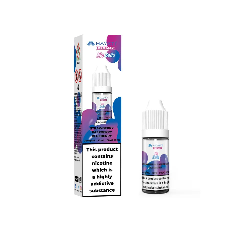 Hayati Pro Max Salts bottles of strawberry raspberry blueberry-flavored nicotine product with packaging on a white background.