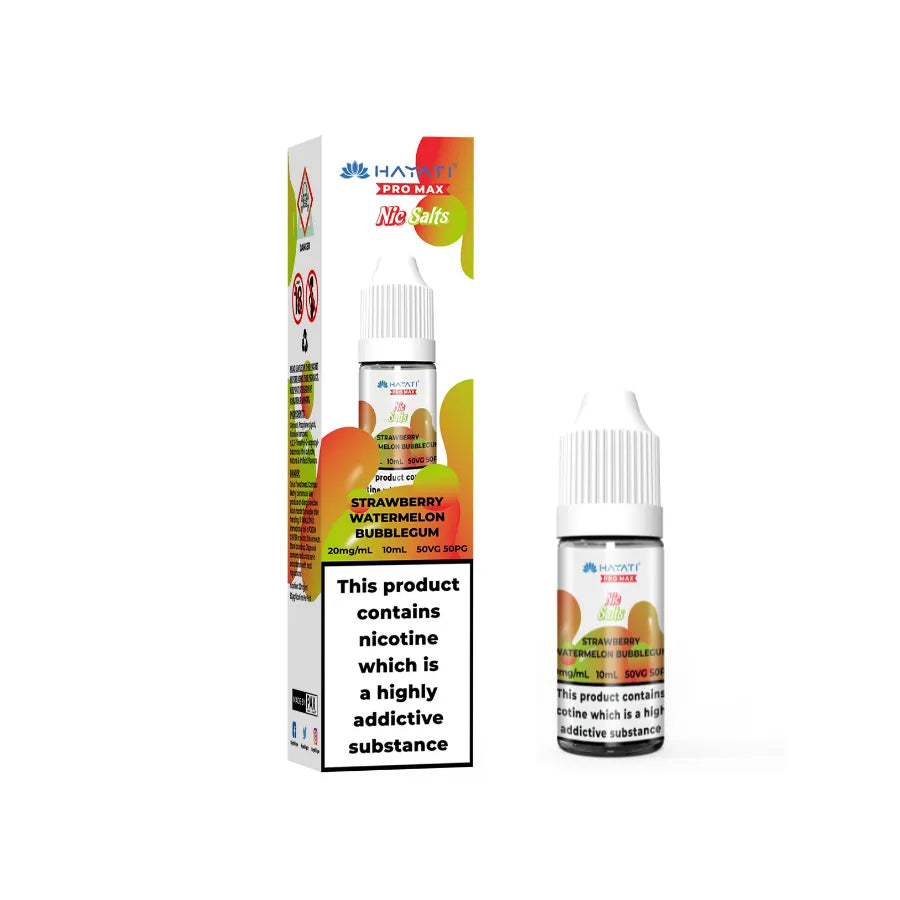 Hayati Pro Max Salts bottles of strawberry watermelon bubblegum-flavored nicotine product with packaging on a white background.