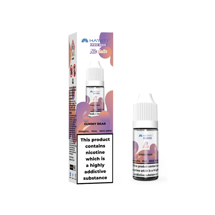 Hayati Pro Max Salts gummy bear Vape liquid bottle and packaging with nicotine warning label on a white background