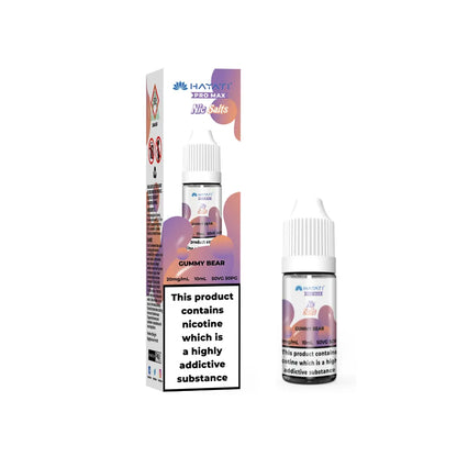 Hayati Pro Max Salts gummy bear Vape liquid bottle and packaging with nicotine warning label on a white background