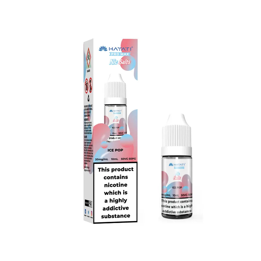 Hayati Pro Max Salts bottles of nicotine salts ice pop flavour with packaging on a white background