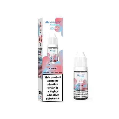 Hayati Pro Max Salts bottles of nicotine salts ice pop flavour with packaging on a white background