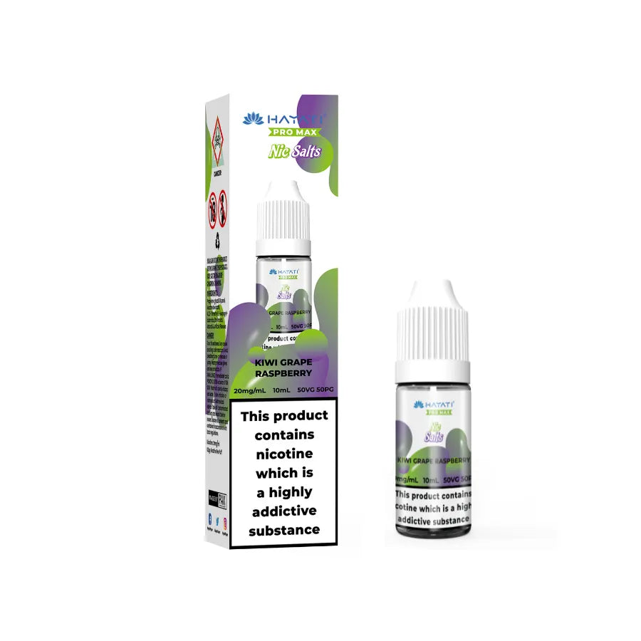 Hayati Pro Max Salts Kiwi Grape Raspberry vape juice bottle with packaging on a white background