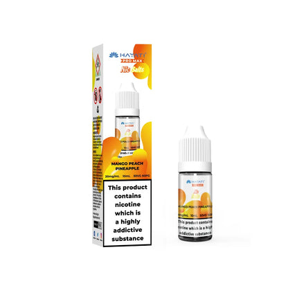 Hayati Pro Max Salts Mango Peach Pineapple e-liquid bottle and packaging on a white background
