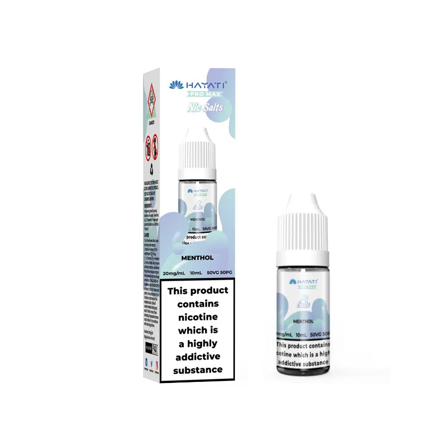 Hayati Pro Max Salts bottles of Menthol nicotine e-liquid with packaging on a white background