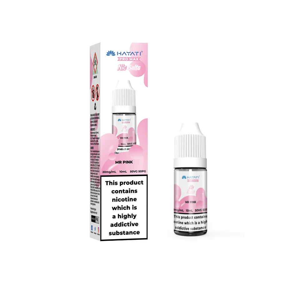 Hayati Pro Max Salts Mr Pink vape juice packaging with a pink and white design on a white background.