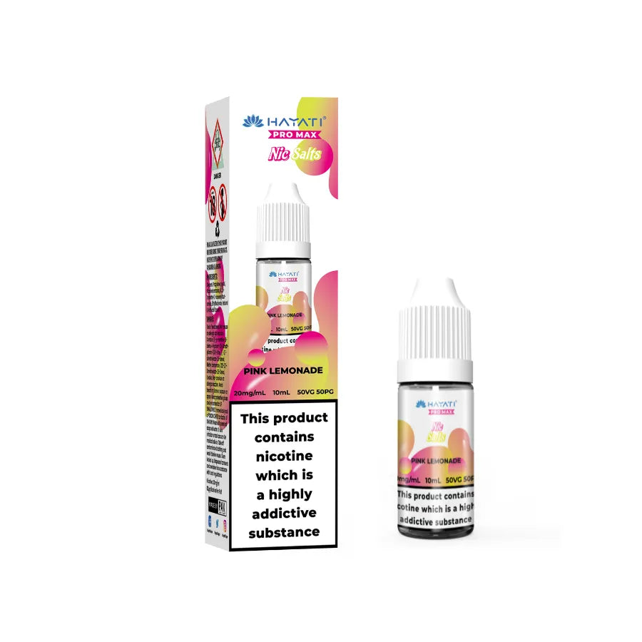 Hayati Pro Max salts Pink Lemonade vape juice packaging on a white background