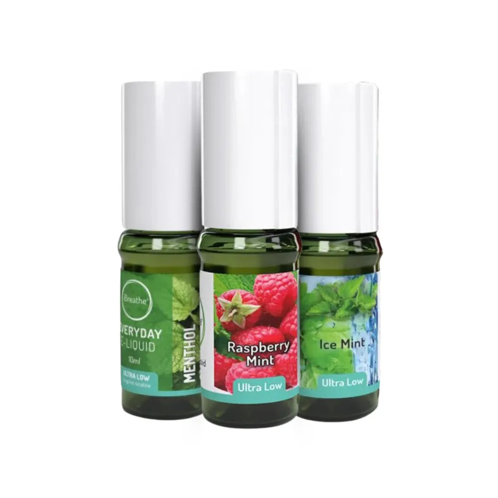 iBreathe e-liquid Three bottles of different flavors on a white background
