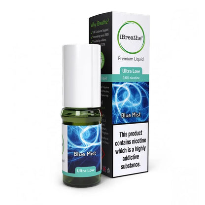 iBreathe Blue mist e-liquid bottle and packaging on a white background