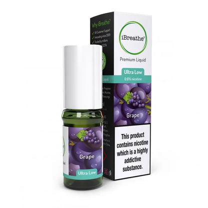 iBreathe grape-flavoured nicotine liquid bottle and packaging on a white background