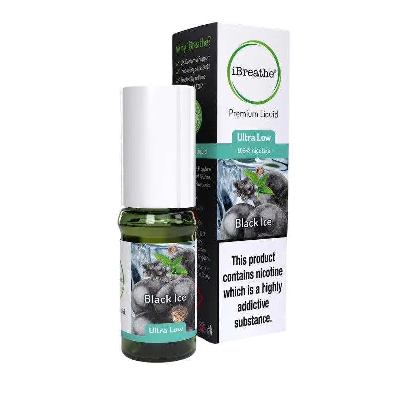 iBreathe Premium Liquid bottle and packaging with 'Black Ice' flavor on a white background