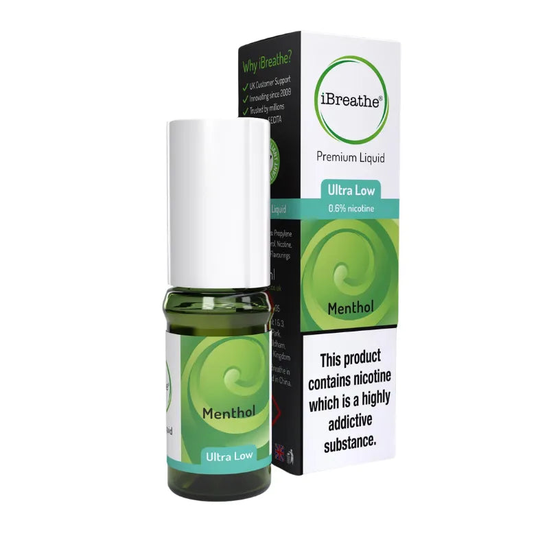 iBreathe Menthol premium liquid bottle and packaging on a white background