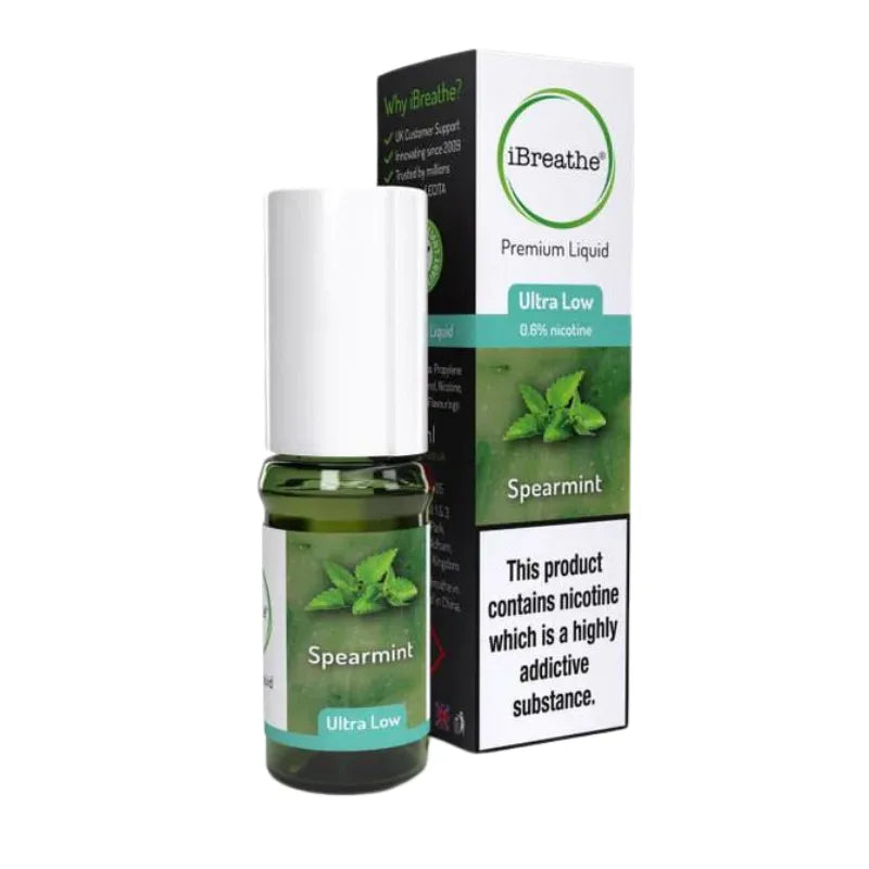 iBreathe spearmint nicotine liquid bottle and packaging on a white background