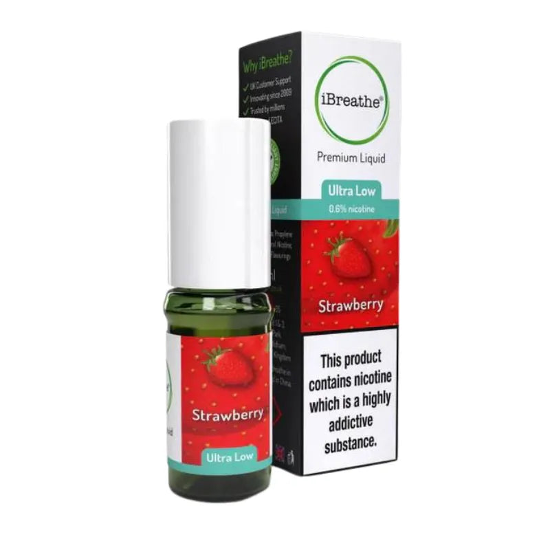 iBreathe strawberry nicotine liquid bottle and packaging on a white background