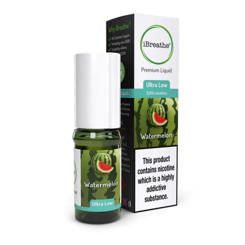 iBreathe watermelon nicotine liquid bottle and packaging on a white background