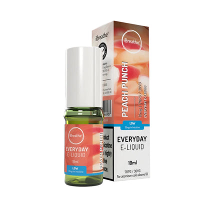 iBreathe e-liquid bottle in "Peach Punch" flavour with packaging on a white background.
