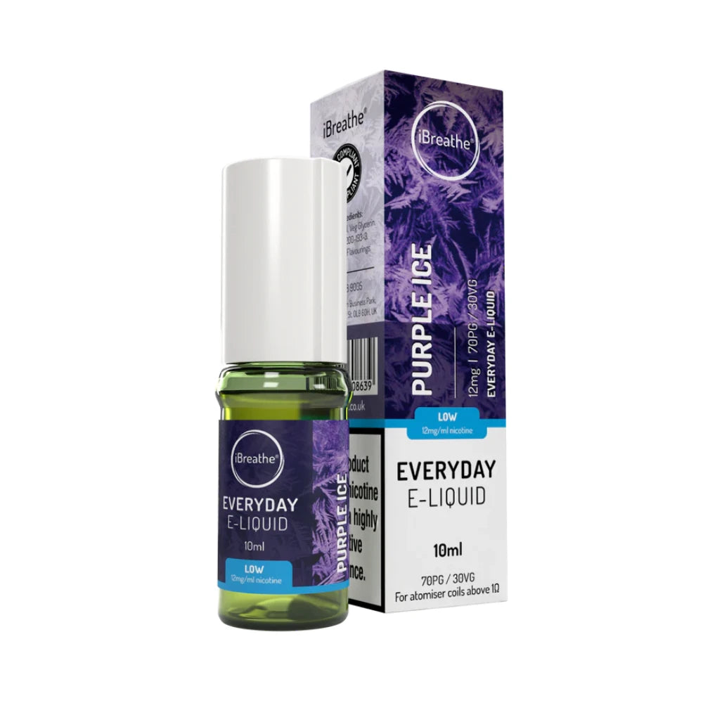 iBreathe e-liquid bottle in "Purple Ice" flavour with packaging on a white background.
