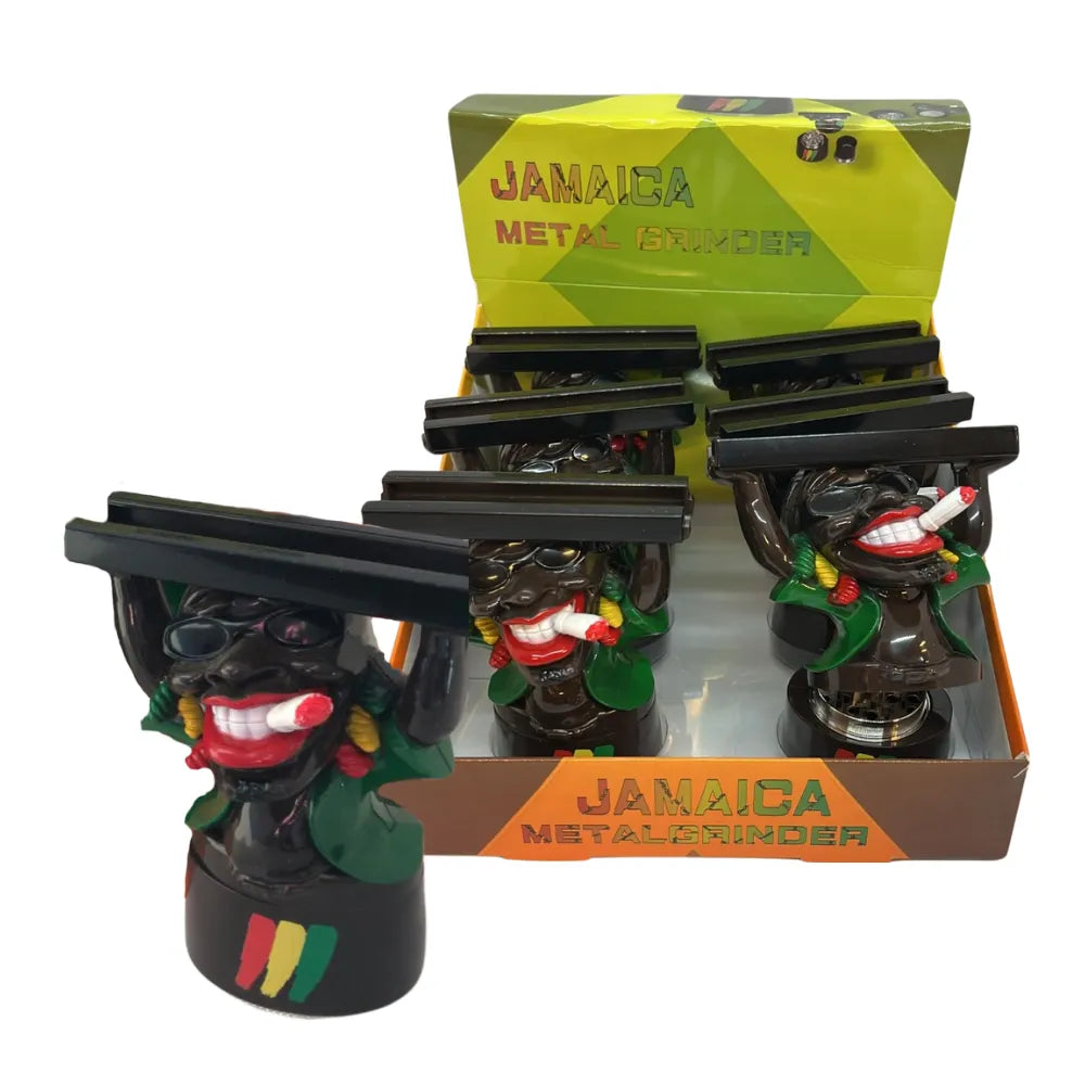 Jamaica theme character holding a slim Metal Grinder with colourful design on a white background