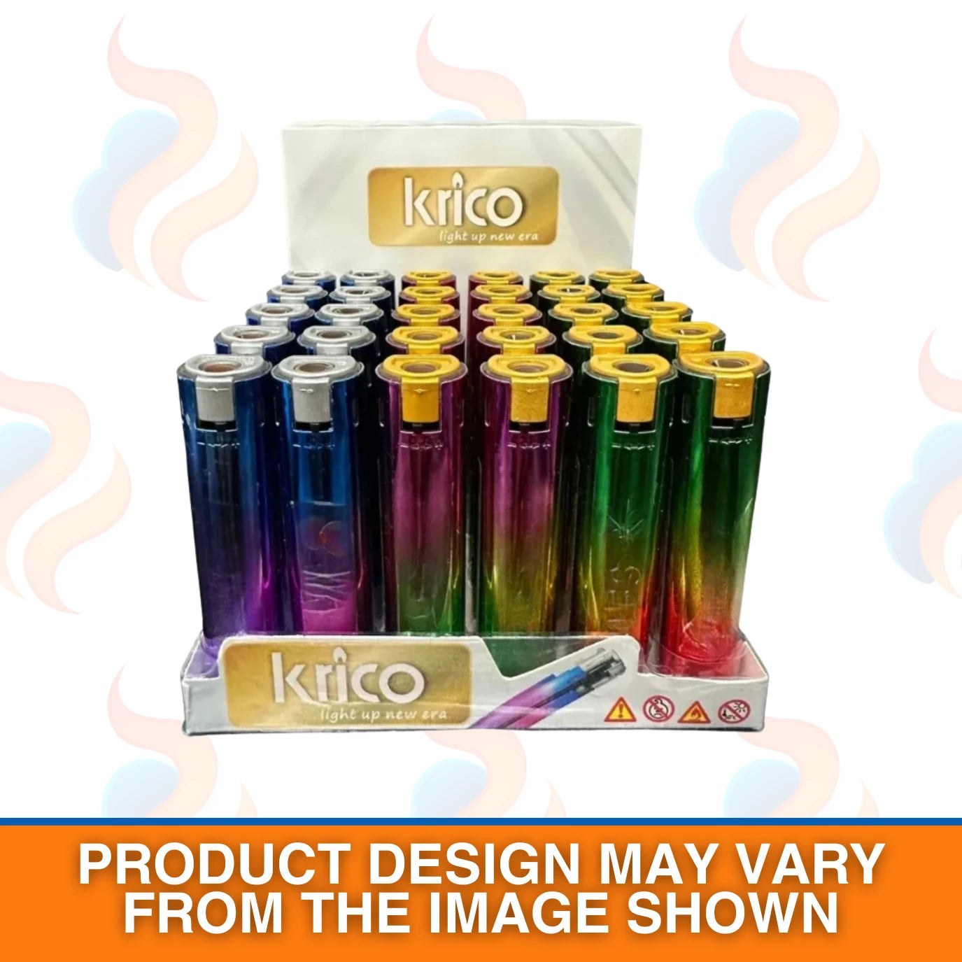 Display of 30 colourful jet lighters with Krico branding on a white background