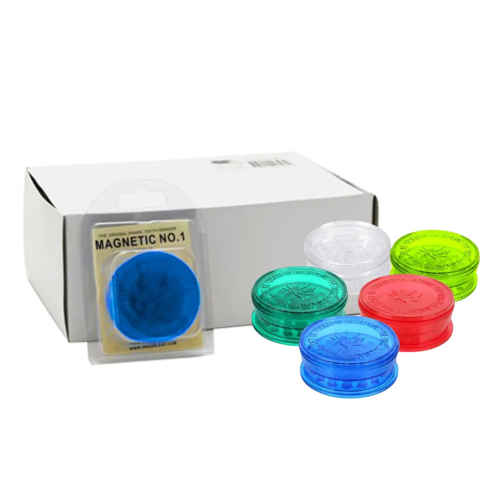 Set of colourful magnetic plastic grinders with a box labelled 'Magnetic No.1' on a white background